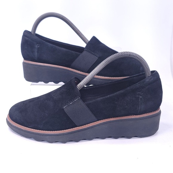 Clarks Sharon Tori Loafers Shoes 8 M Black Wedge Slip On Leather Suede - Picture 8 of 11